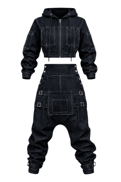 Hooded Denim Dungaree Set