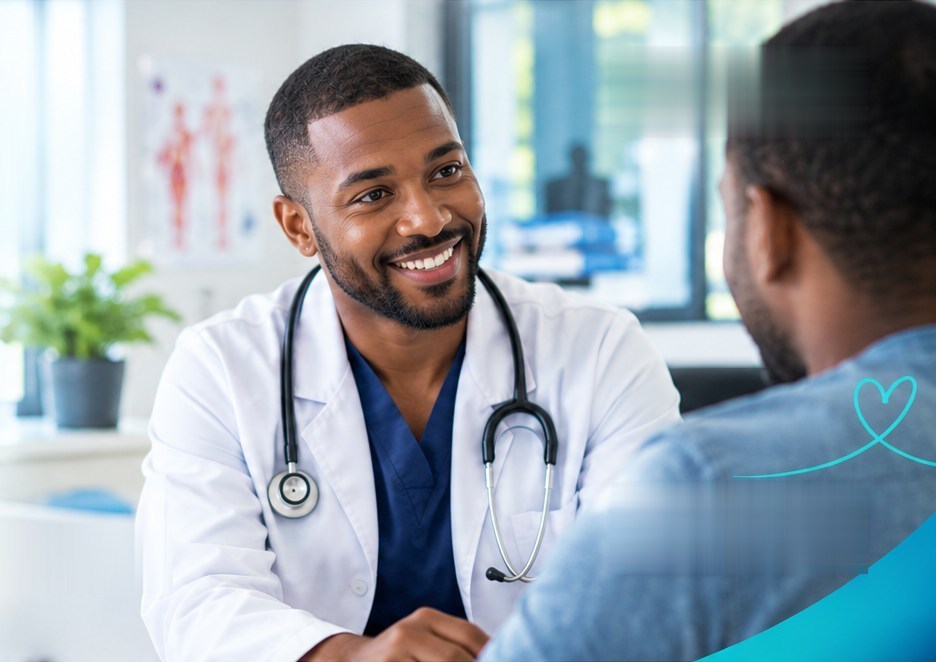 A smiling doctor talking with a patient