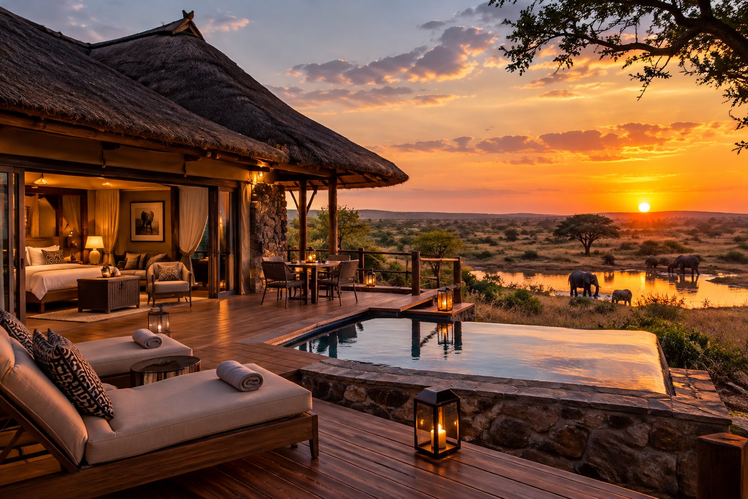 Thatched safari lodge at sunset, its candlelit deck and plunge pool overlooking a waterhole where elephants drink