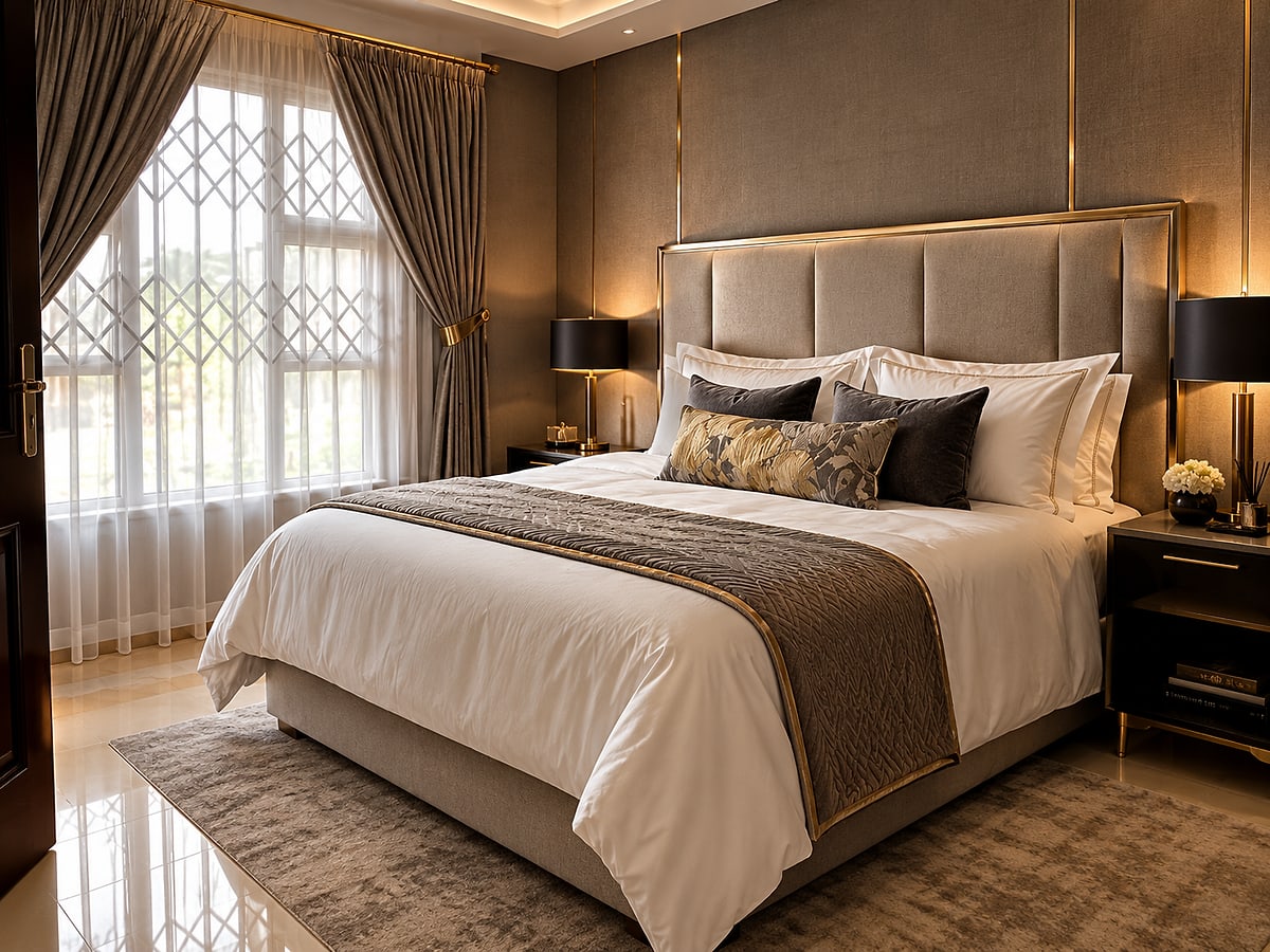 Luxurious bedroom with a tall upholstered headboard, warm gold lighting, layered bedding and sheer curtains