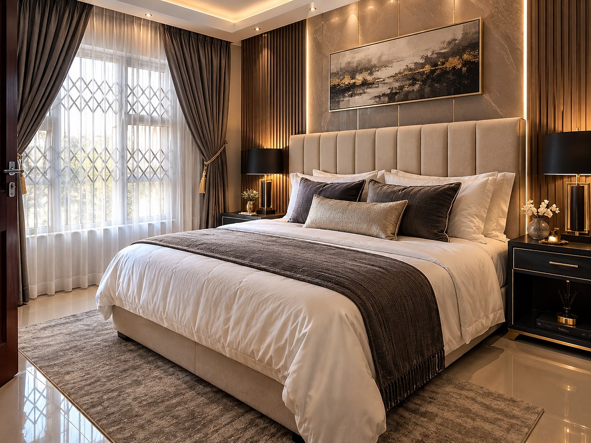 Bedroom with timber-slat panelling, a framed landscape painting above an upholstered headboard and black bedside lamps