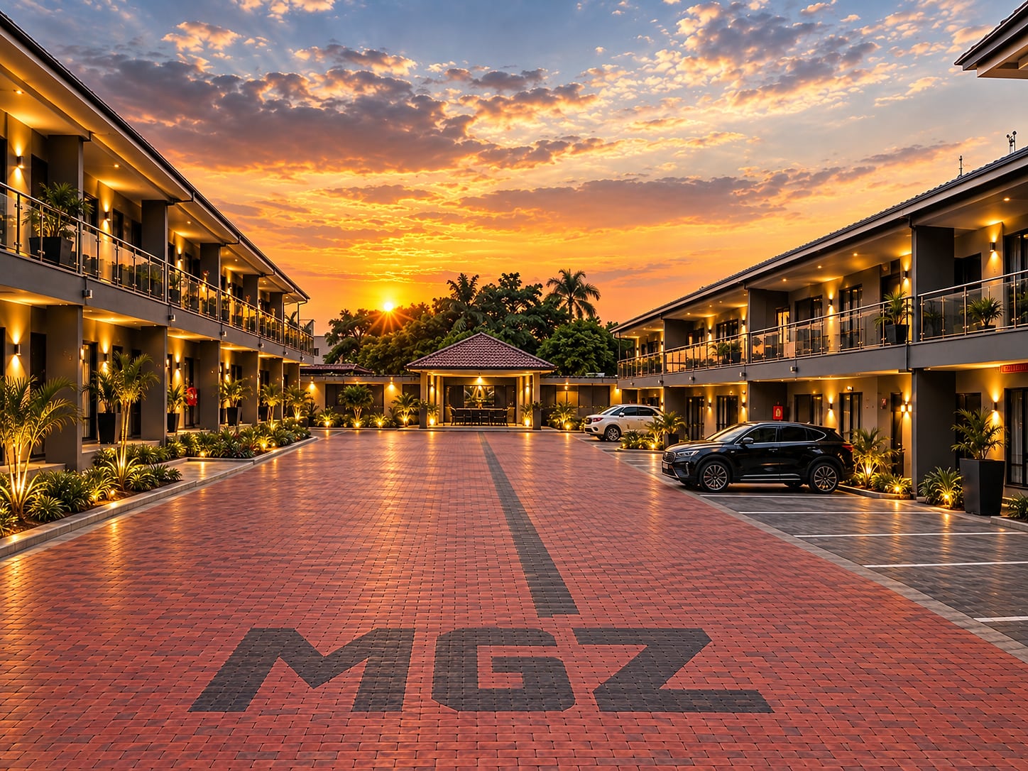 Paved hotel courtyard at sunset with MGZ set into the paving, lit two-storey wings on either side and a pavilion beyond