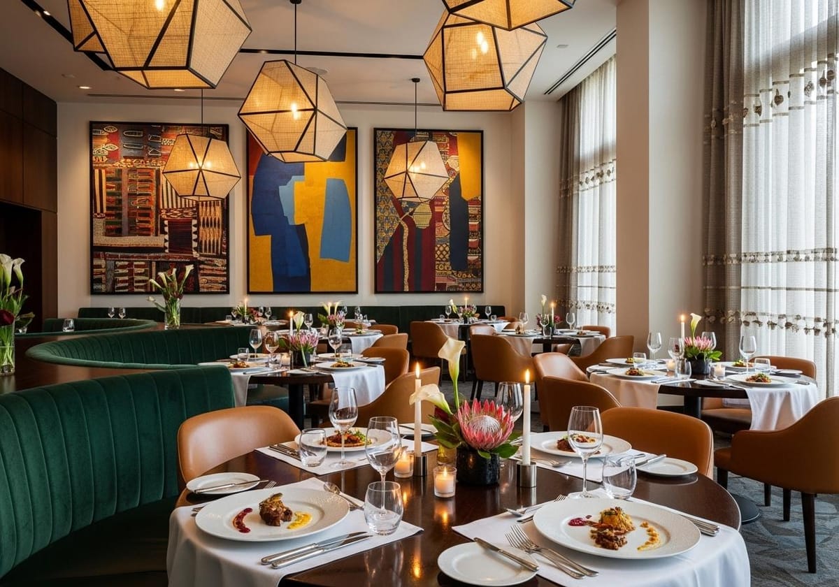 Candlelit restaurant with green velvet banquettes and protea centrepieces