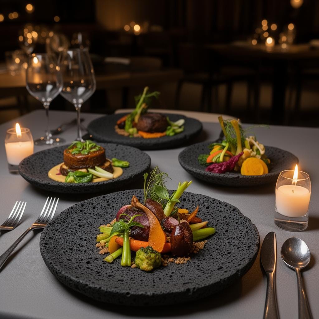 Plated dishes on dark stone plates