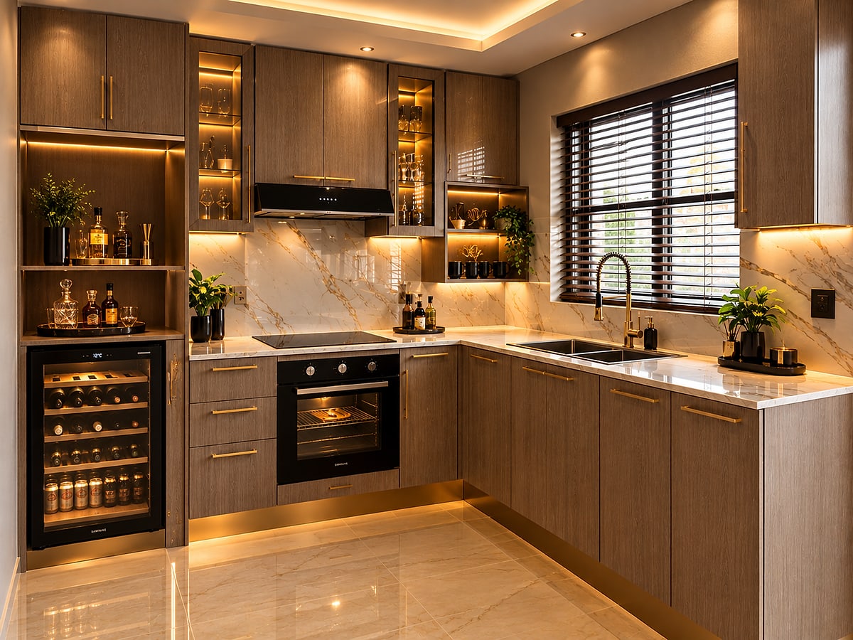 Warm kitchen with timber cabinetry, marble splashback, under-cabinet lighting and a built-in wine cooler