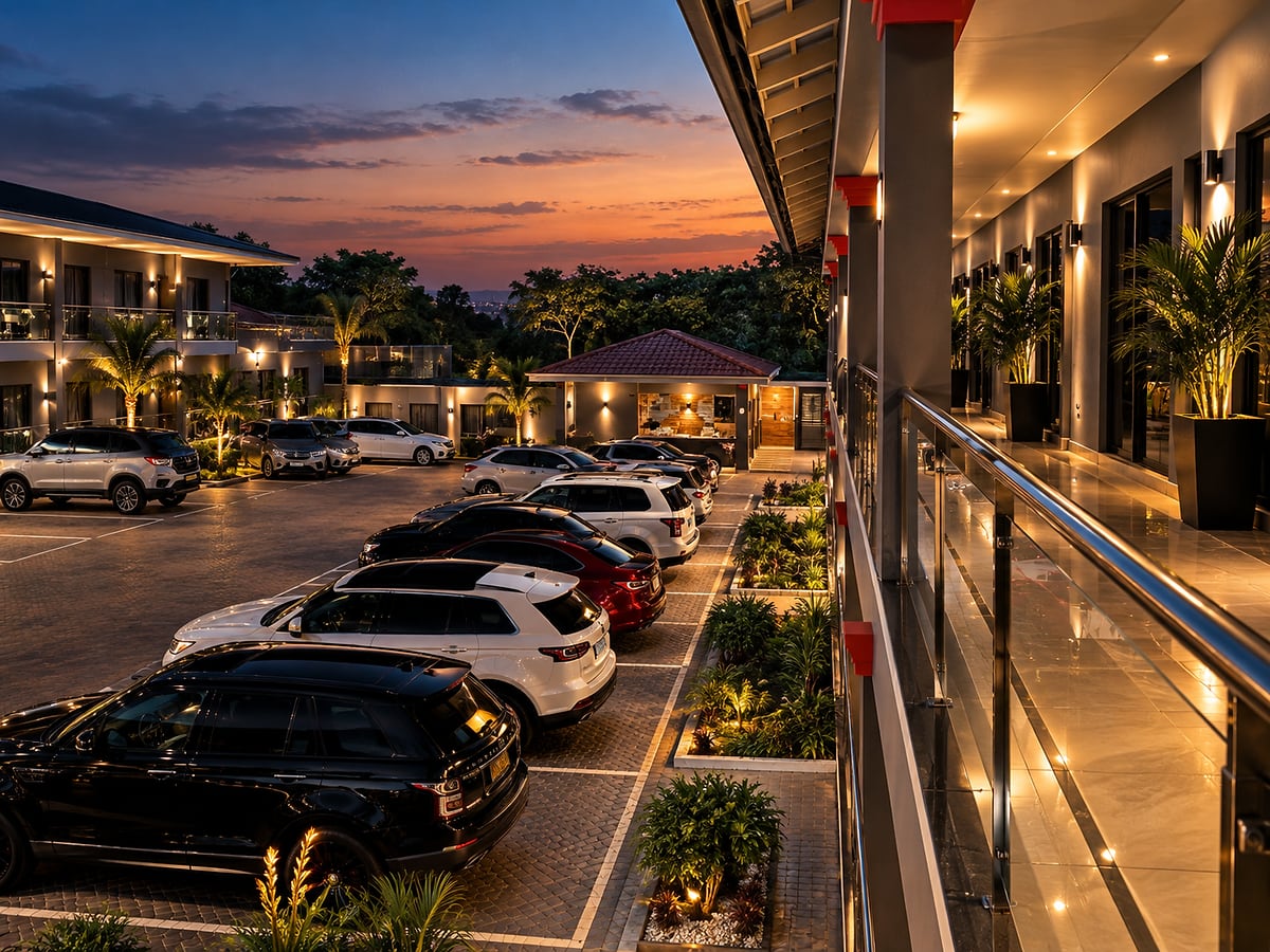 Lit, landscaped guest car park beside the hotel at dusk