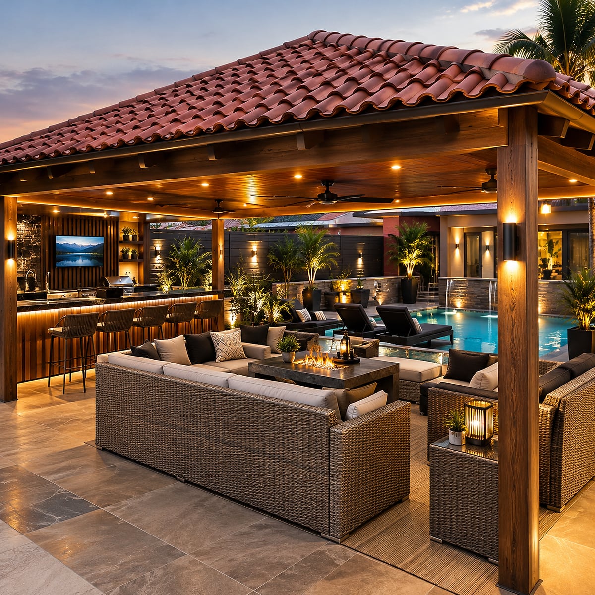 Covered pavilion lounge at twilight with wicker sofas around a fire table, a bar and the pool beyond