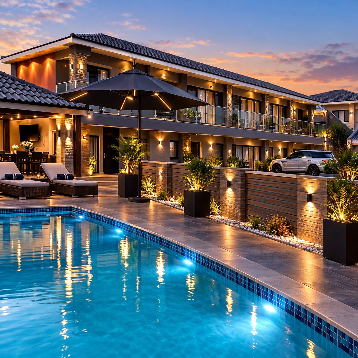 Illuminated pool at twilight beside a two-storey lodge with lit stone pillars, loungers and a large umbrella