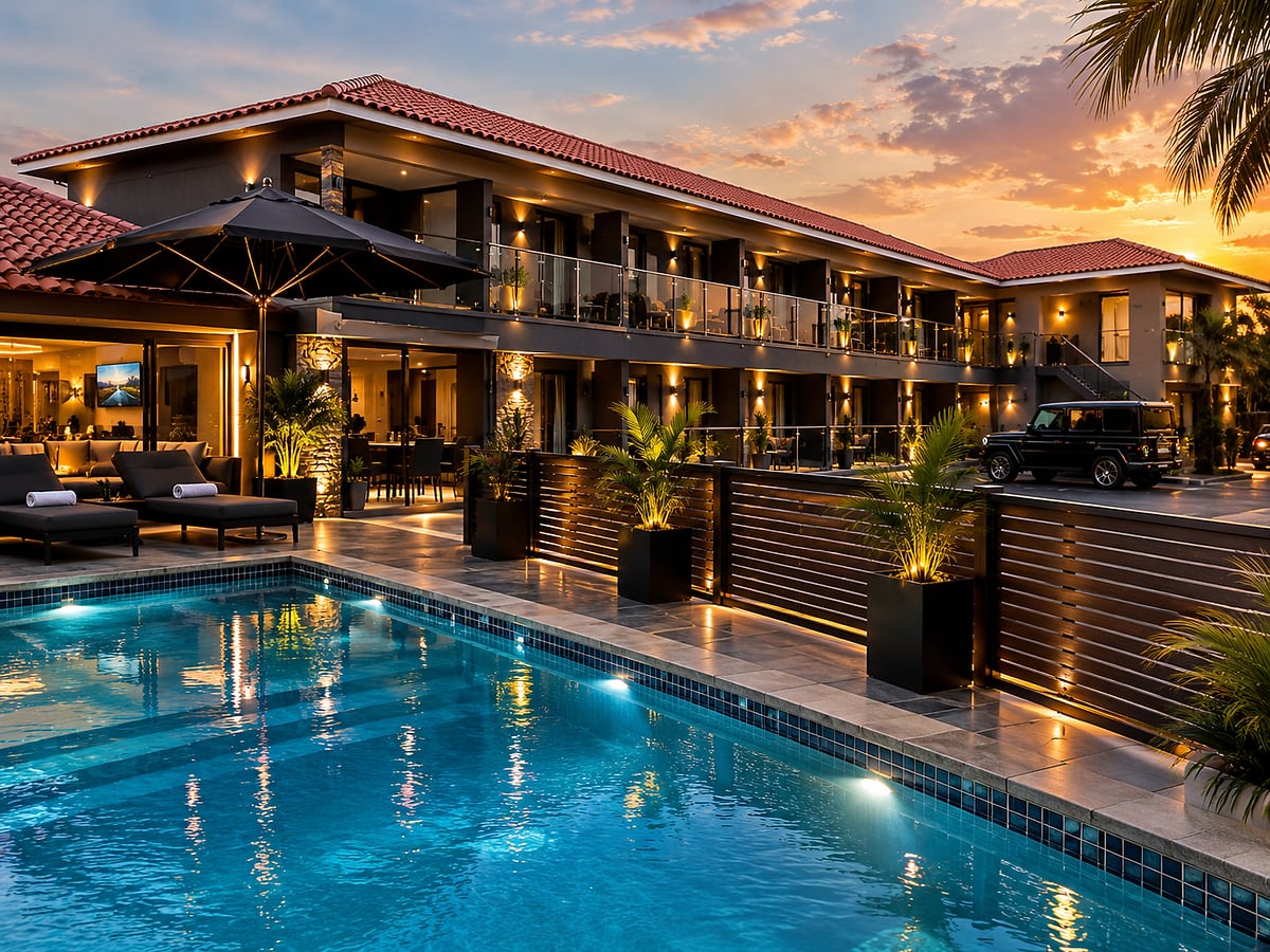 Illuminated pool at sunset beside a two-storey resort with lit balconies, palms and poolside loungers
